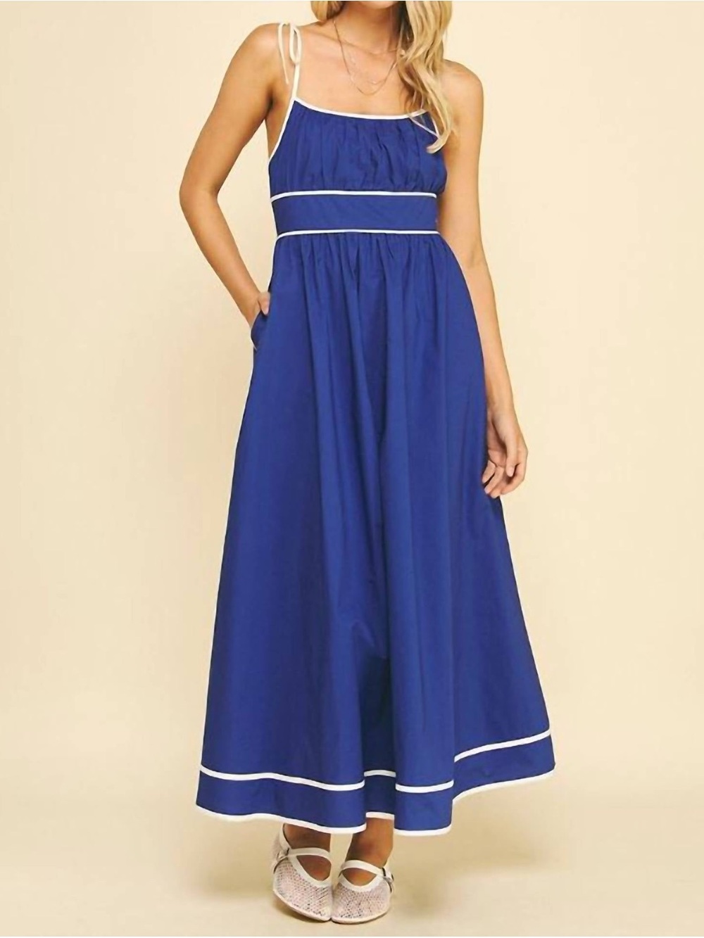 Pinch - Marlie Sporty Maxi Dress w/ Tie Straps in a Royal Blue with White Trim
